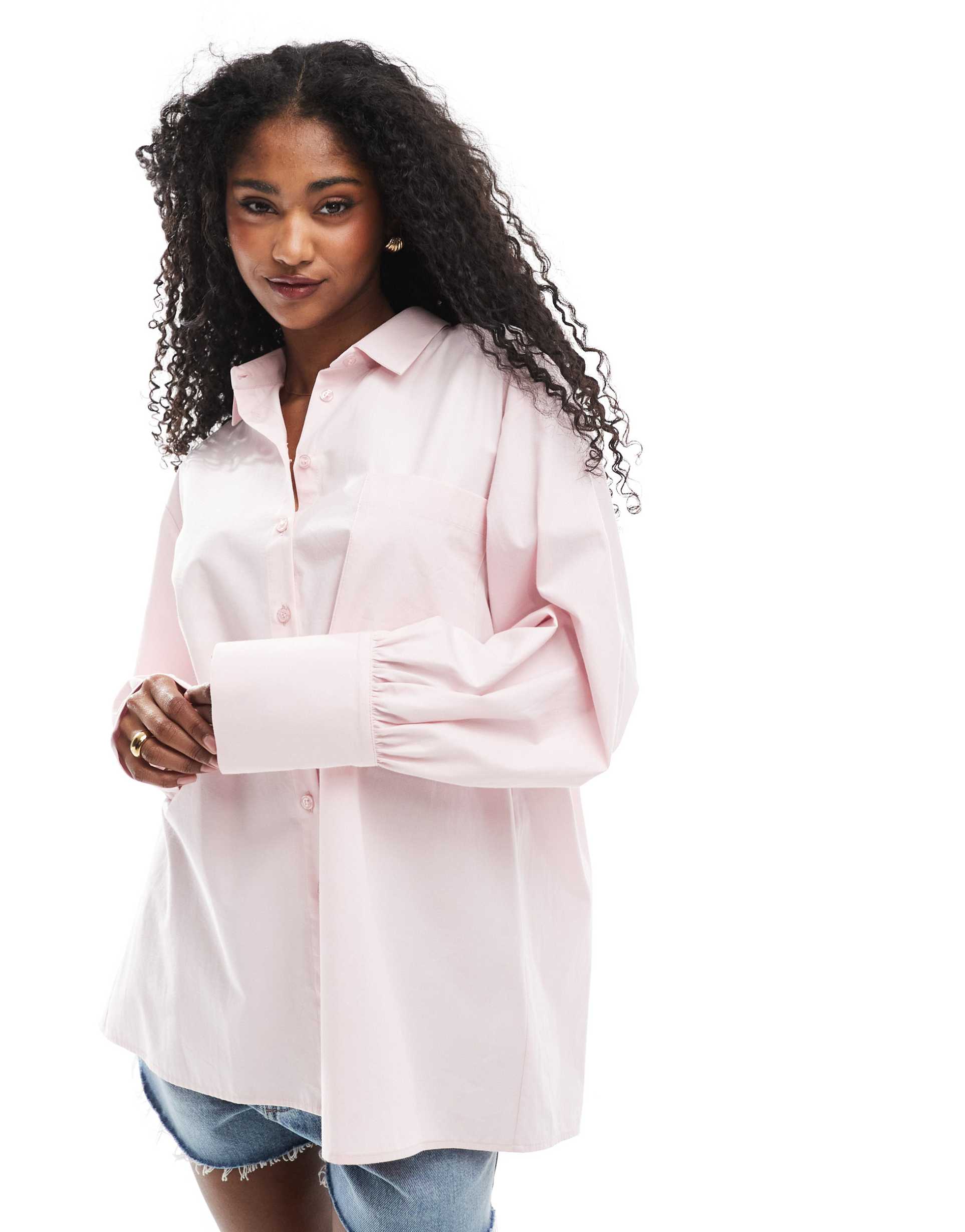 asos design poplin pleat back trapeze shirt in pink