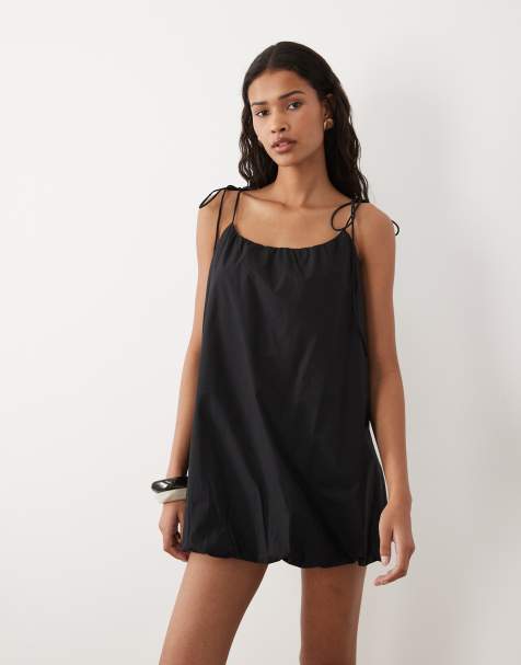 ASOS DESIGN poplin puff mini sundress with tie straps in black - view 1