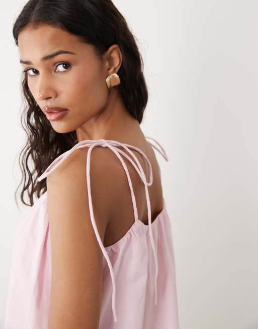ASOS DESIGN poplin puff mini sundress with tie straps in sugary pink, 3 of 4