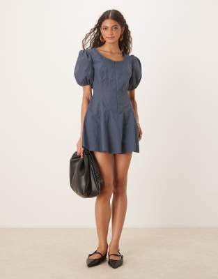 Asos Design Poplin Puff Sleeve Mini Dress With Flare In Gray