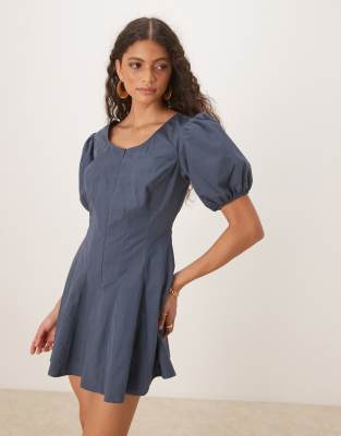 Asos Design Poplin Puff Sleeve Mini Dress With Flare In Gray