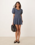 [ASOS DESIGN] ASOS DESIGN poplin puff sleeve mini dress with godets in charcoal-Grey 14 Charcoal
