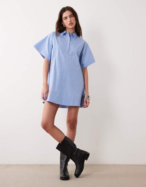 ASOS DESIGN poplin relaxed short sleeve mini dress in dusky blue, 2 of 4