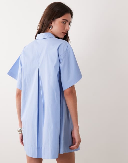 ASOS DESIGN poplin relaxed short sleeve mini dress in dusky blue, 3 of 4