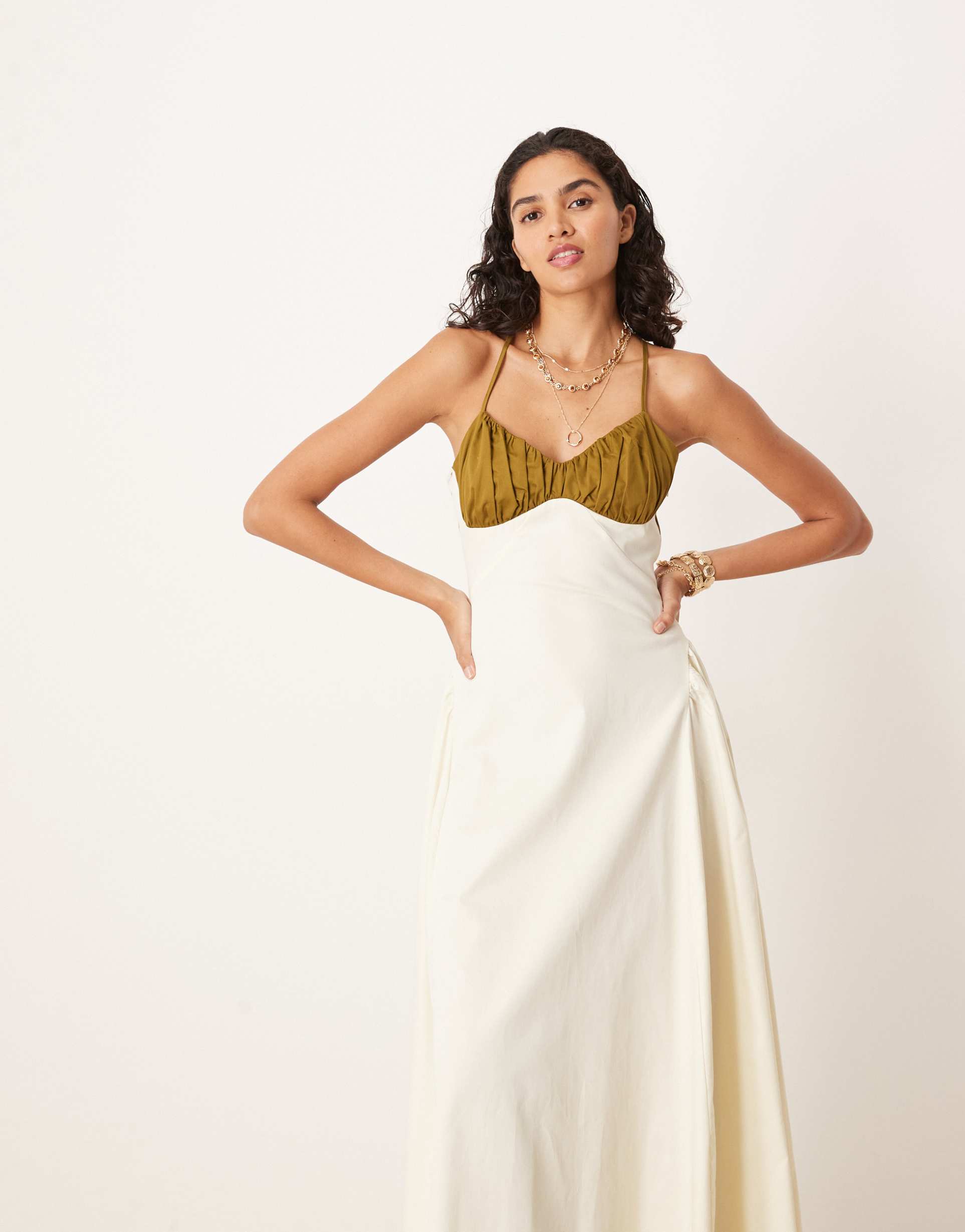 asos design poplin ruched bust maxi dress with corsetry seaming detail in olive and cream color block