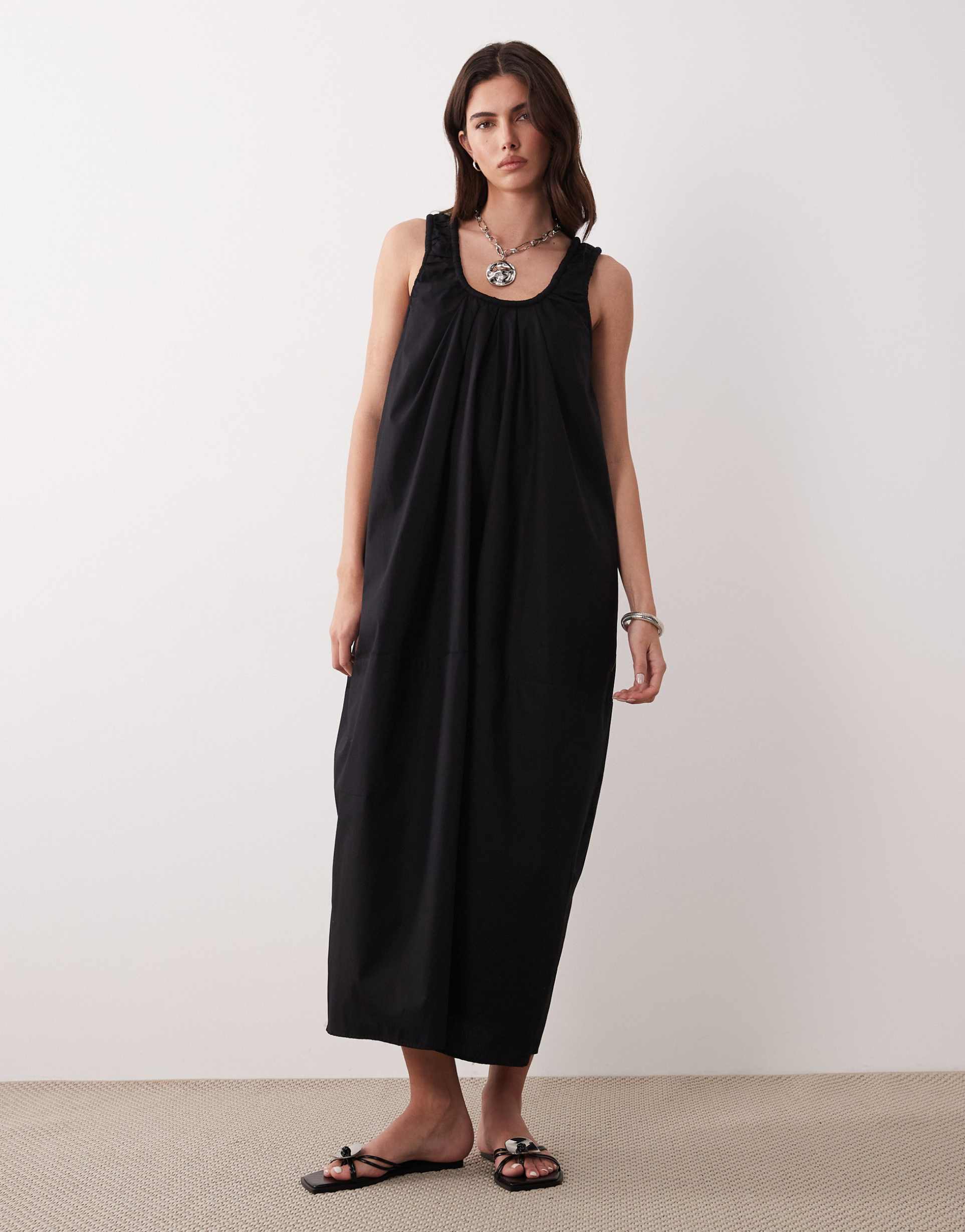 asos design poplin ruched neck midaxi sundress in black