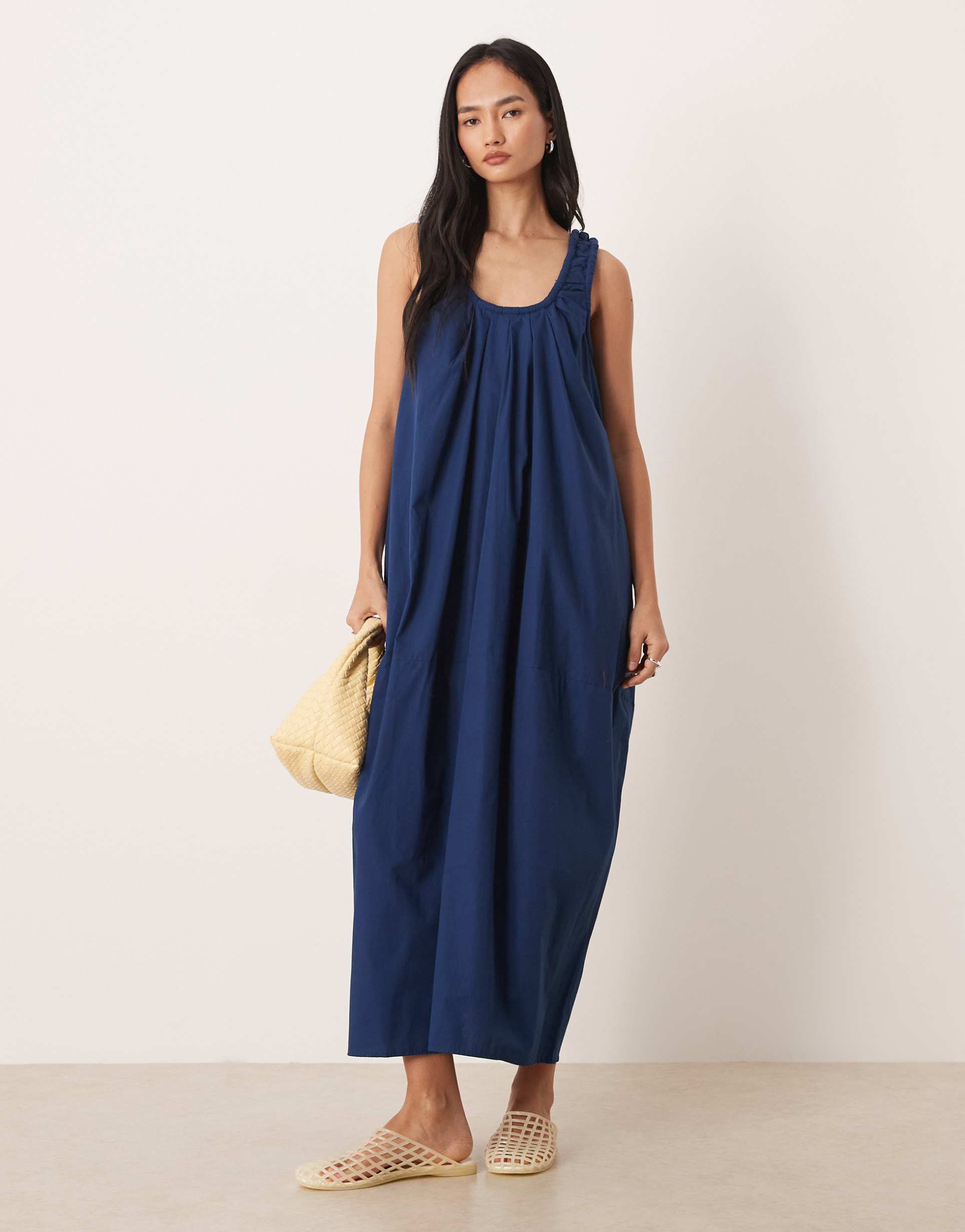 asos design poplin ruched scoop neck and back midaxi sundress in navy
