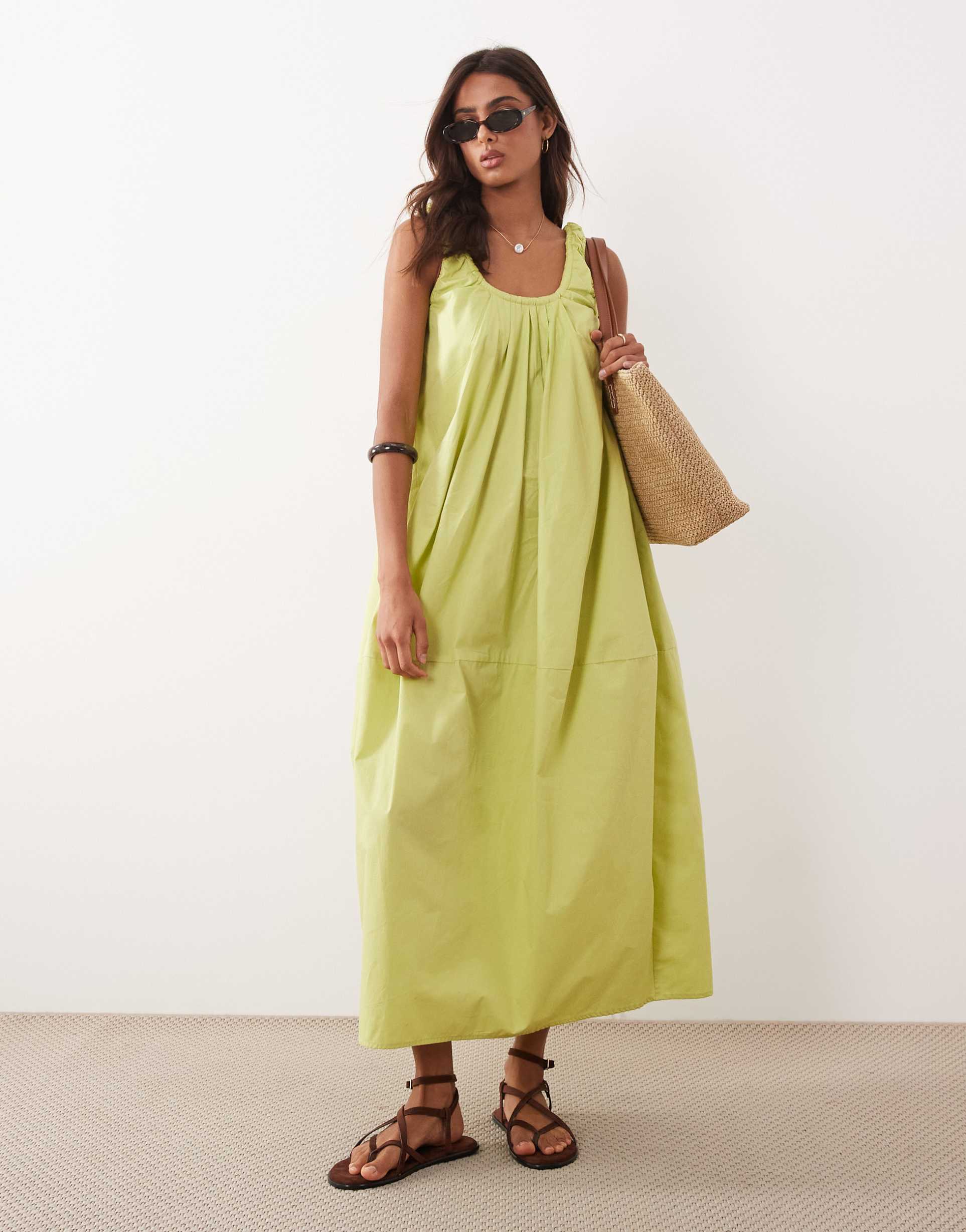 asos design poplin ruched scoop neck midaxi sundress in pistachio green