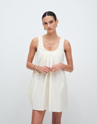 poplin ruched scoop neck mini sundress in ecru-Neutral
