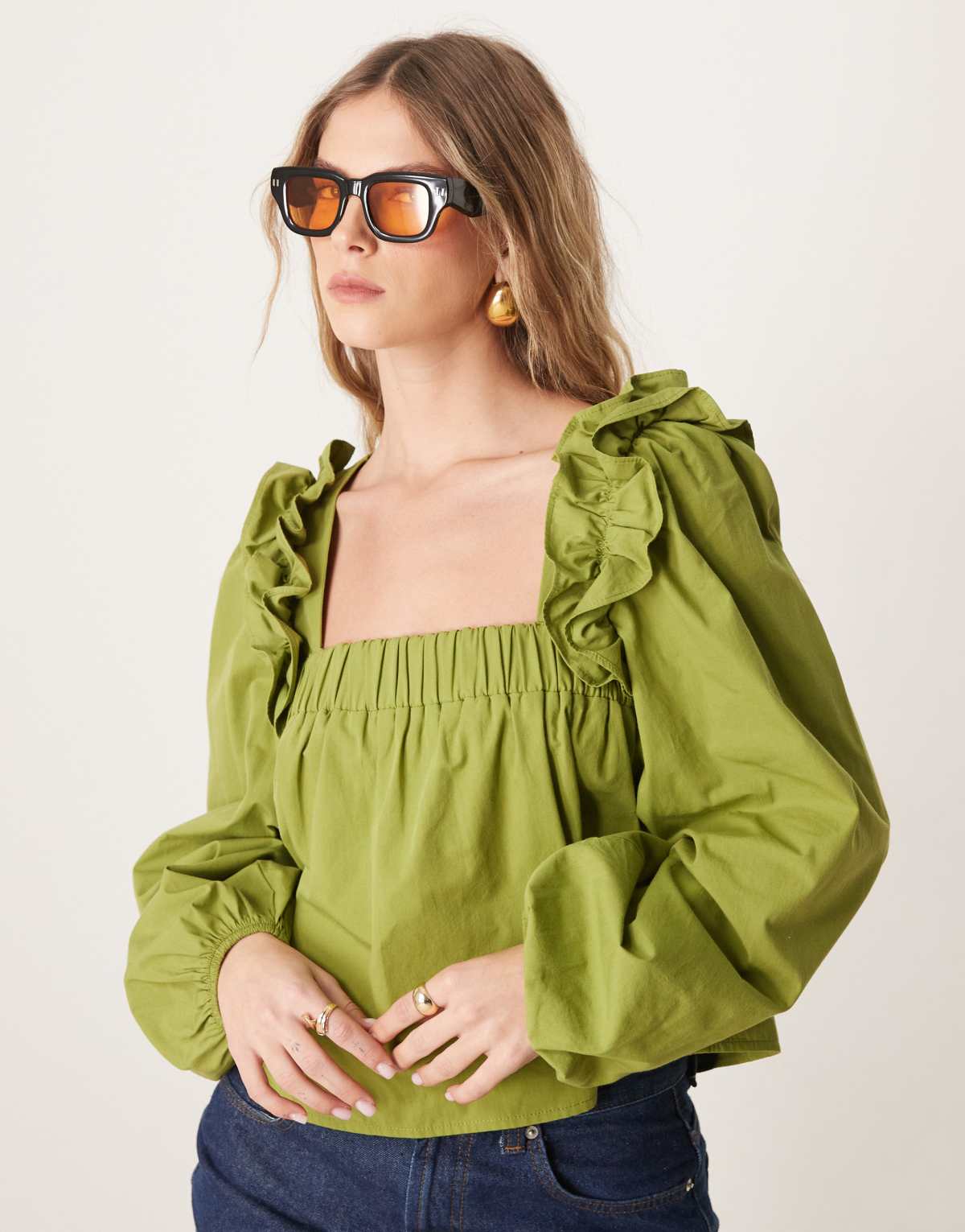 ASOS DESIGN poplin ruffle trapeze blouse in olive green