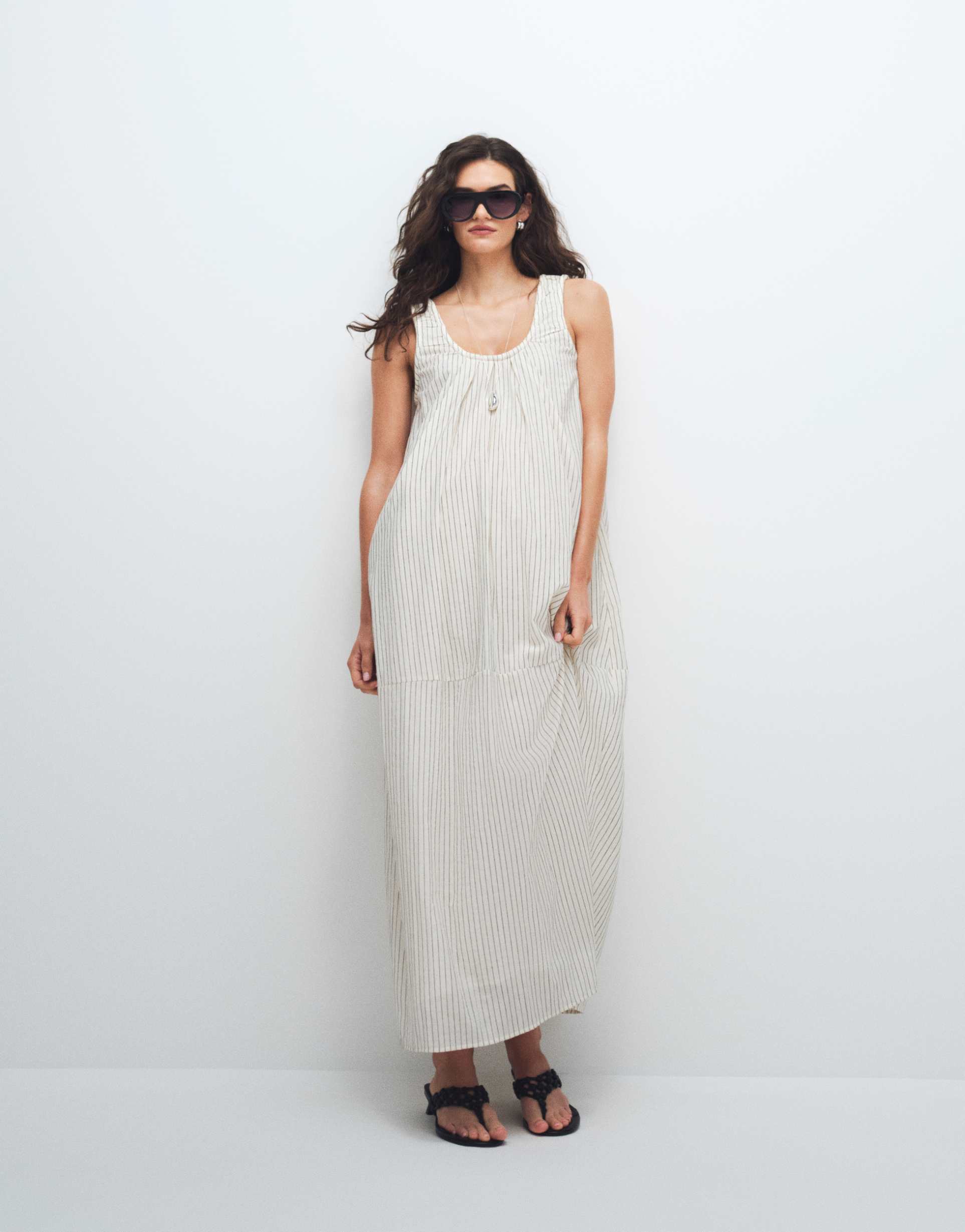 asos design poplin scoop ruched neck maxi sundress in black and cream striped print