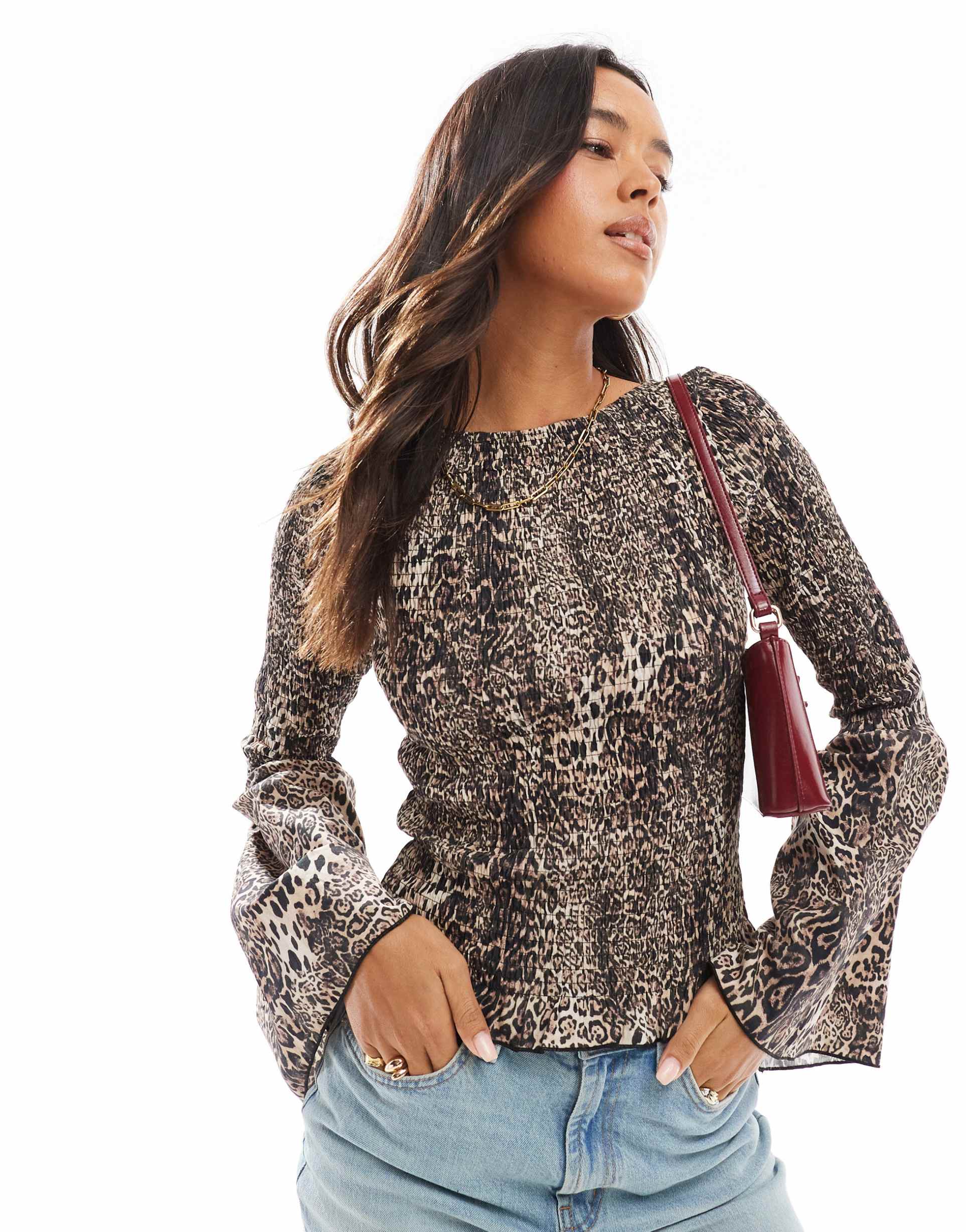 asos design poplin shirred angel sleeve top in leopard print
