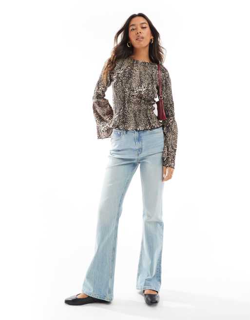 ASOS DESIGN poplin shirred angel sleeve top in leopard print