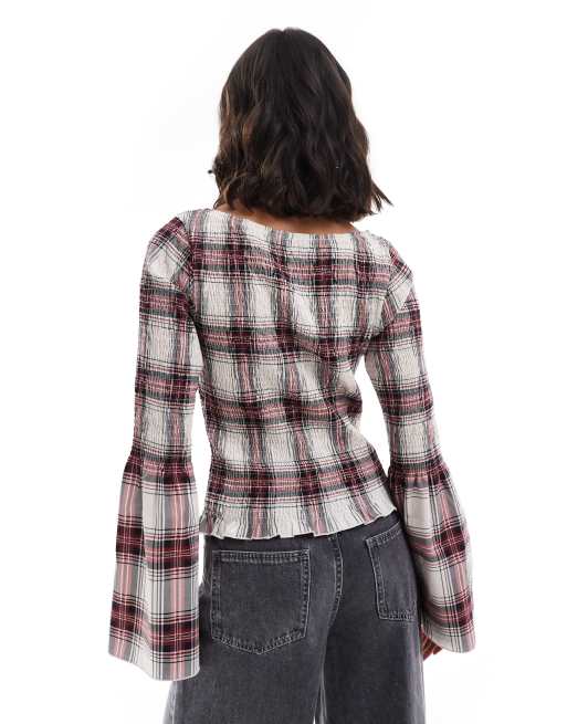 ASOS DESIGN poplin shirred angel sleeve top in red check
