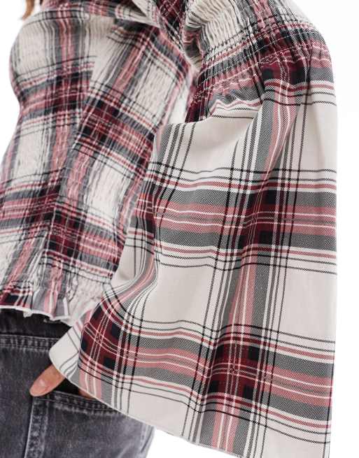 ASOS DESIGN poplin shirred angel sleeve top in red check