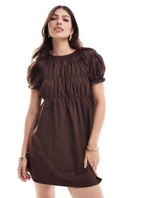 poplin shirred detail mini dress in chocolate-Brown