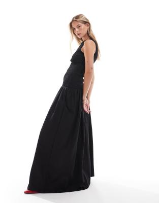 ASOS DESIGN poplin shirred drop waist maxi dress in black