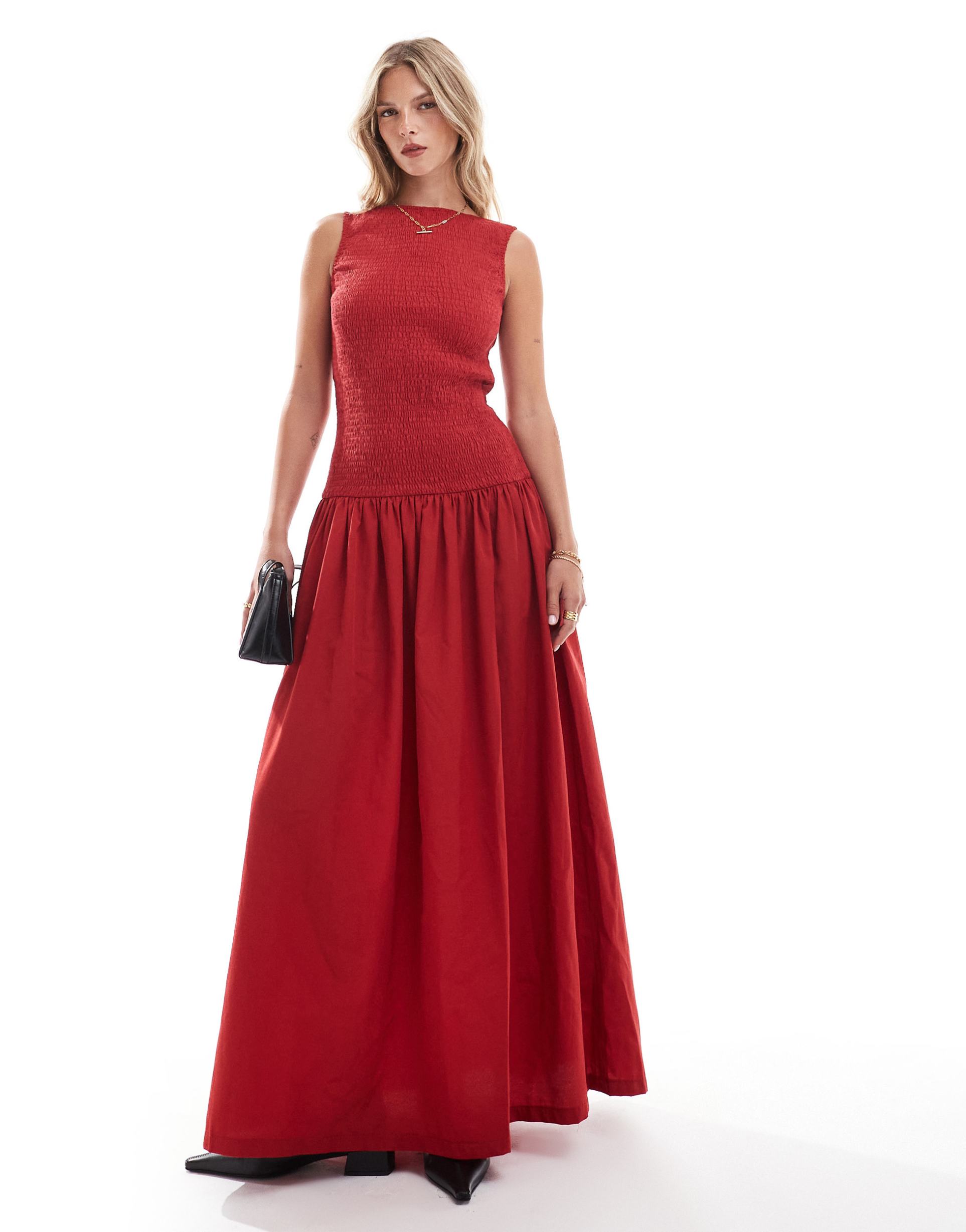 asos design poplin shirred drop waist maxi dress in red