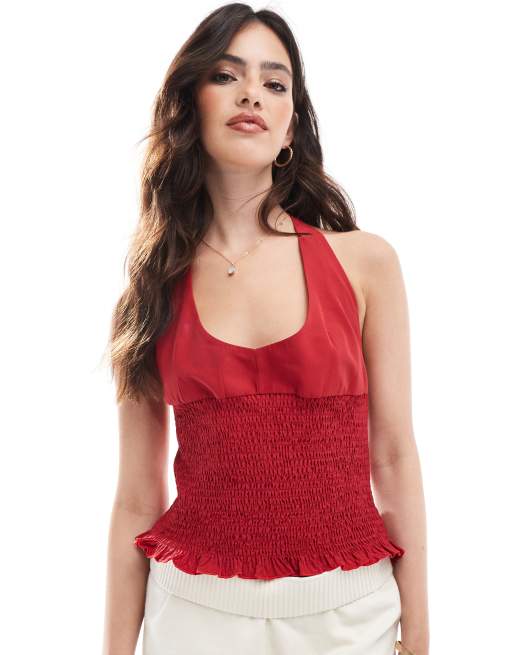 ASOS DESIGN poplin shirred halter top in red
