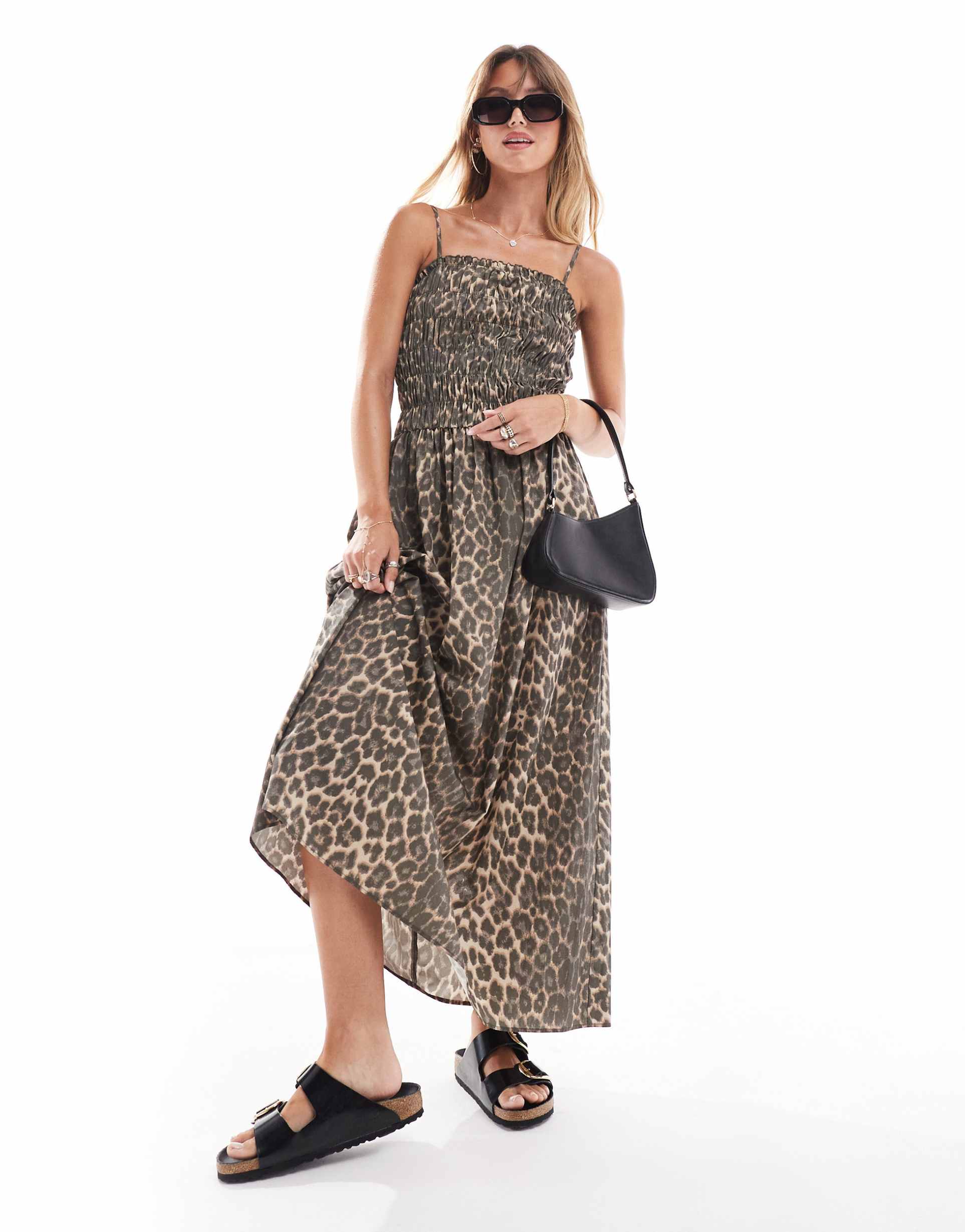 asos design poplin shirred maxi dress in leopard print