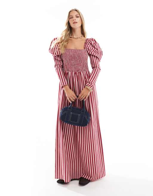 ASOS DESIGN poplin shirred midaxi dress in pink stripe