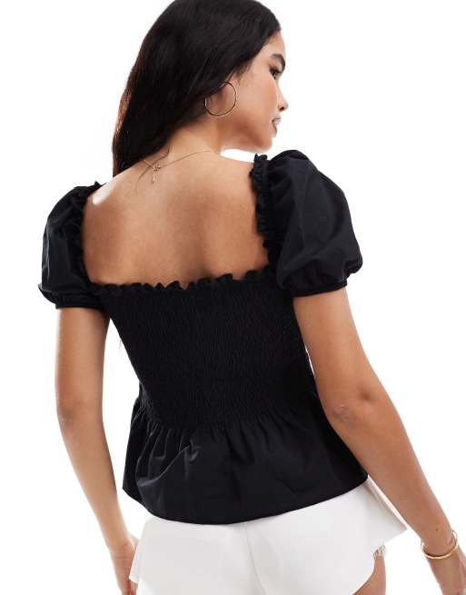 ASOS DESIGN poplin shirred puff sleeve blouse in black ASOS