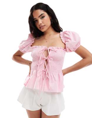 Asos Design Poplin Shirred Puff Sleeve Blouse In Pink