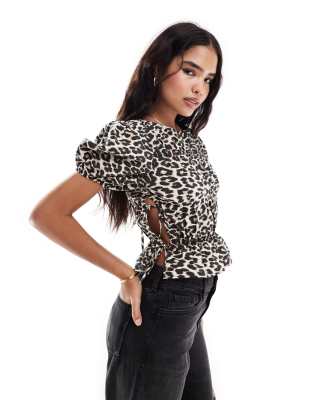 ASOS DESIGN poplin shirred puff sleeve top in leopard print-Multi