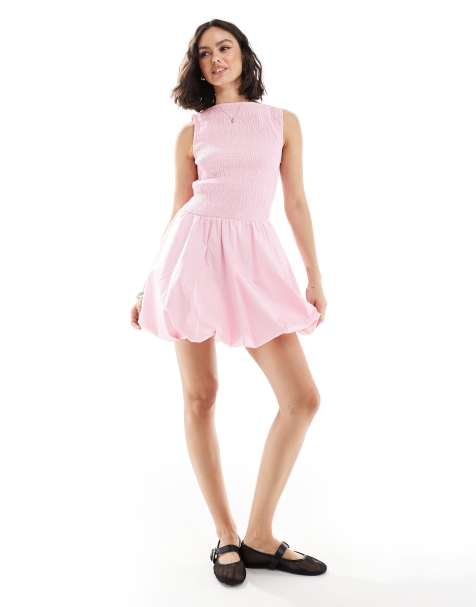 ASOS DESIGN poplin shirred puffball mini dress in pink - view 1