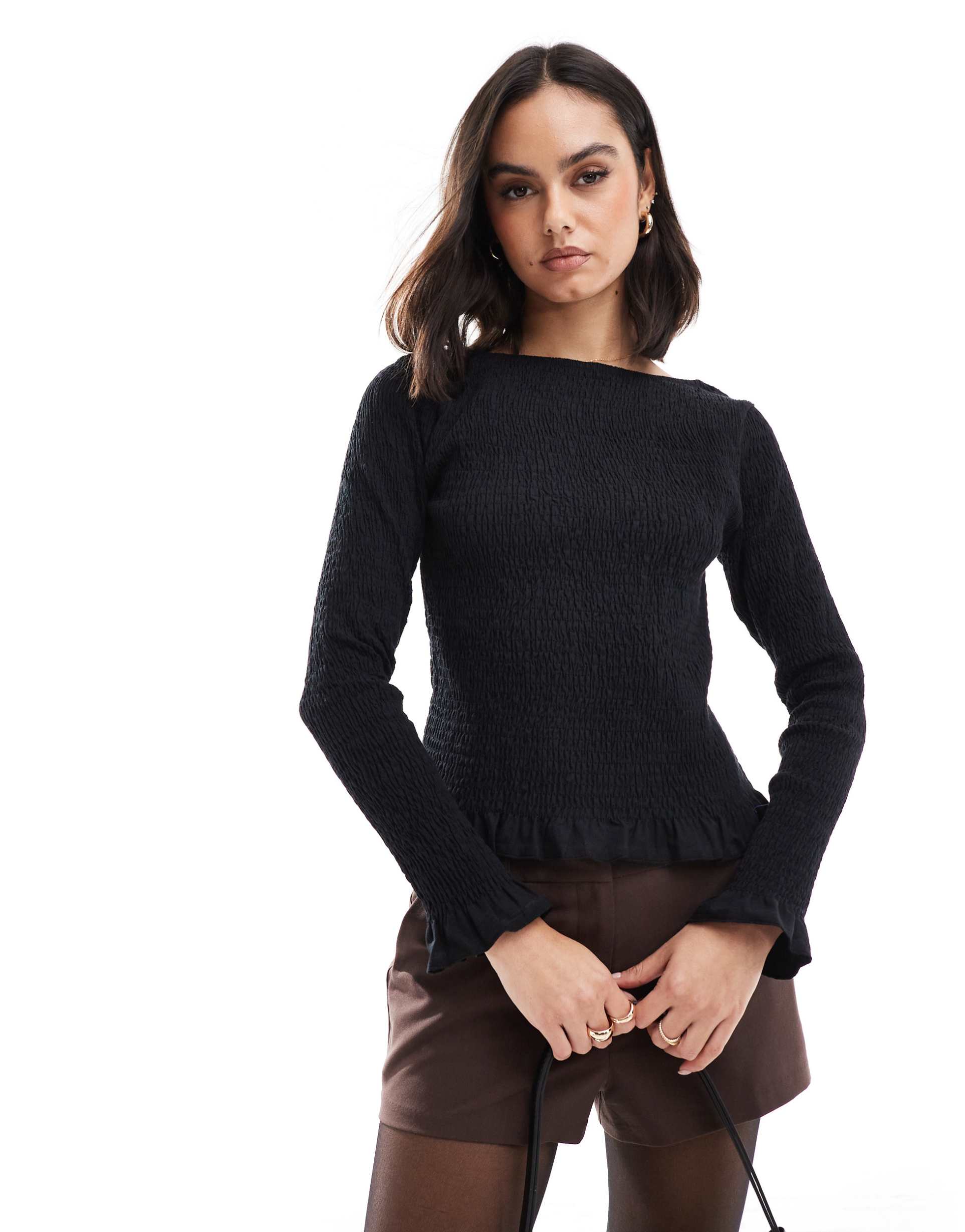 asos design poplin shirred slash neck top in black