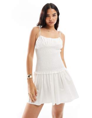 ASOS DESIGN poplin shirred tie strap mini dress in ivory-White