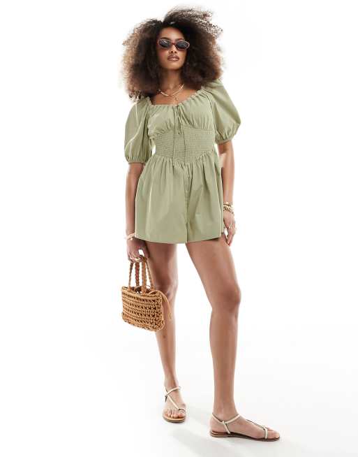 ASOS DESIGN poplin shirred waist balloon sleeve romper with lace neck detail in taupe