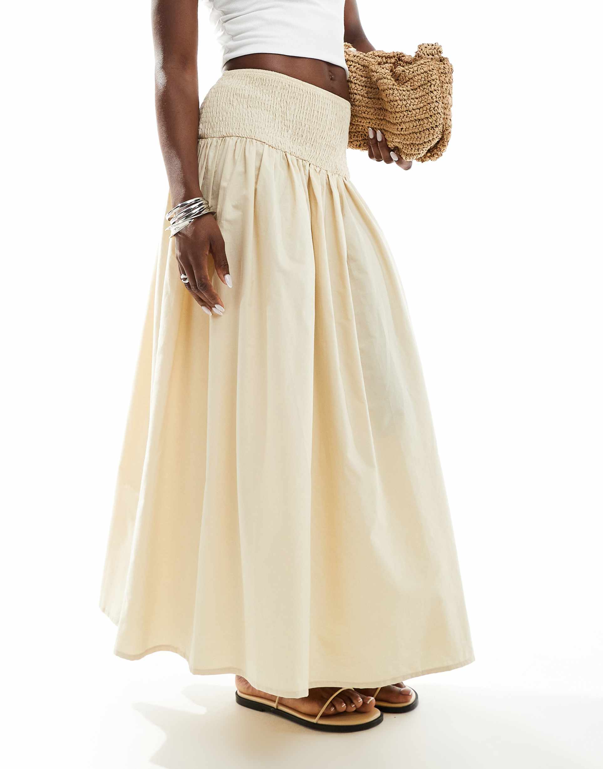 asos design poplin shirred waist maxi skirt in cream