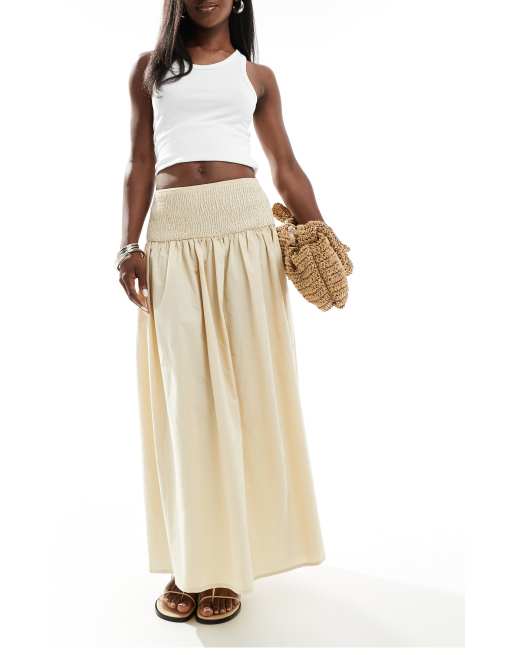 ASOS DESIGN poplin shirred waist maxi skirt in cream, 2 of 5