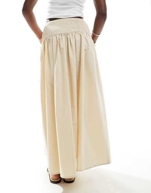 ASOS DESIGN poplin shirred waist maxi skirt in cream, 4 of 5