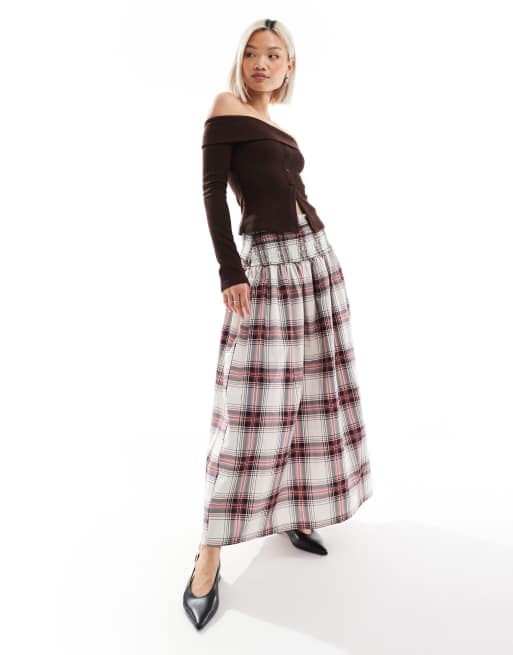 ASOS DESIGN poplin shirred waist maxi skirt in plaid - part of a set