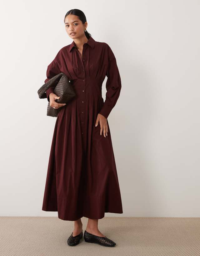 ASOS DESIGN poplin shirt maxi dress with nipped waist in burgundy