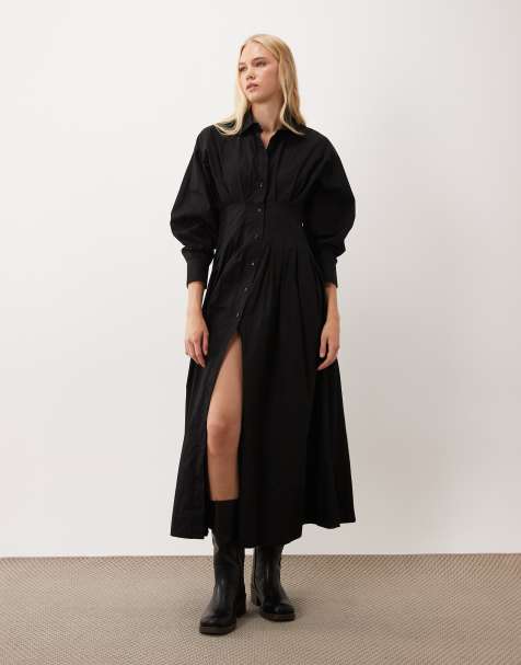ASOS DESIGN poplin shirt midaxi dress with nipped waist in black - view 1