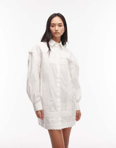 ASOS DESIGN poplin shirt mini dress lace trims in white - view 1