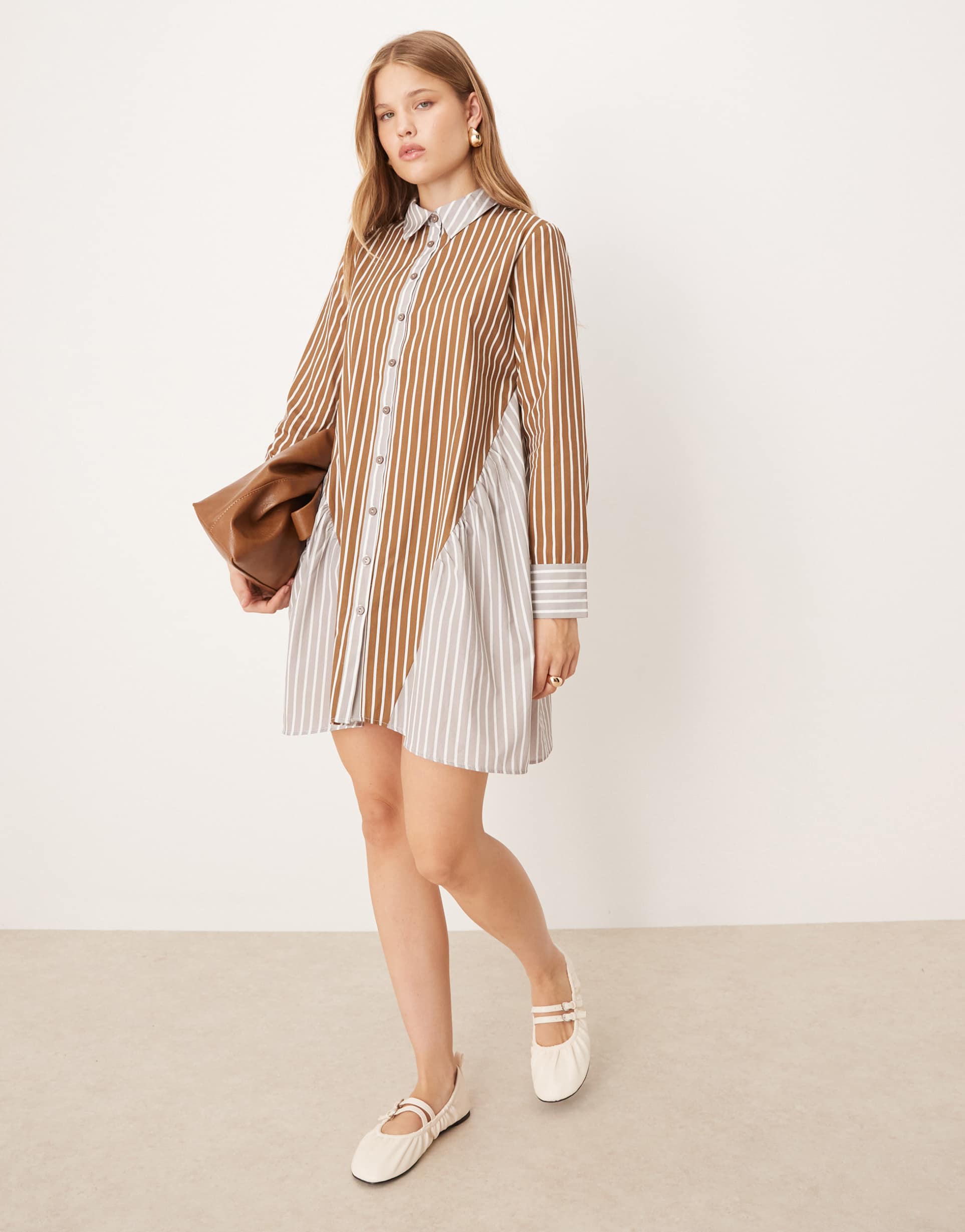 asos design poplin shirt mini dress with angled seams in stripe print