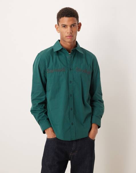 ASOS DESIGN poplin shirt with embroidery in dark green - view 1