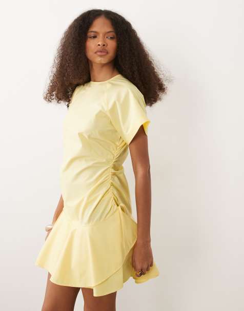 ASOS DESIGN poplin short sleeve mini dress with ruching tie waist detail in butter yellow - view 1