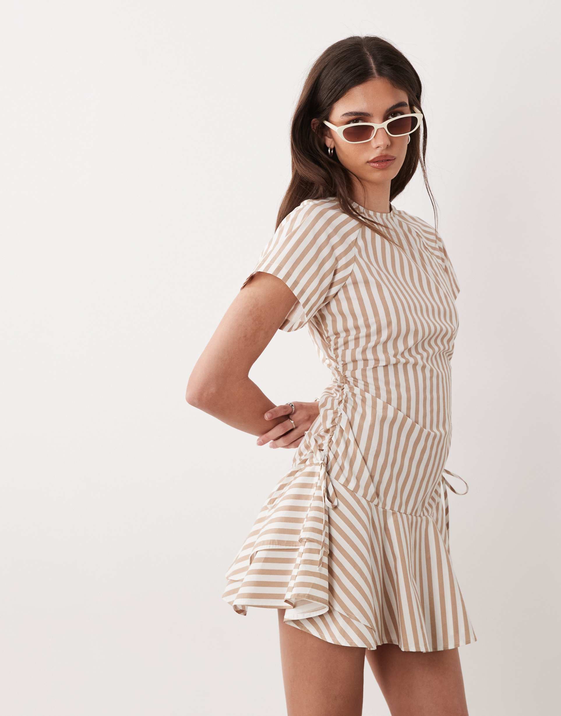 asos design poplin short sleeve mini dress with ruching tie waist detail in tan stripe