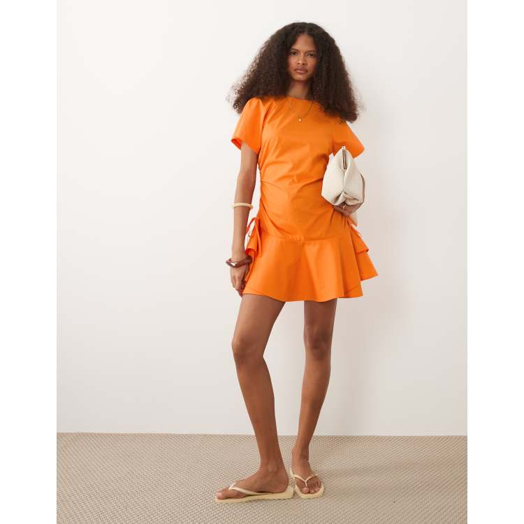 ASOS DESIGN poplin short sleeve mini dress with ruching tie waist detail in  tangerine orange | ASOS