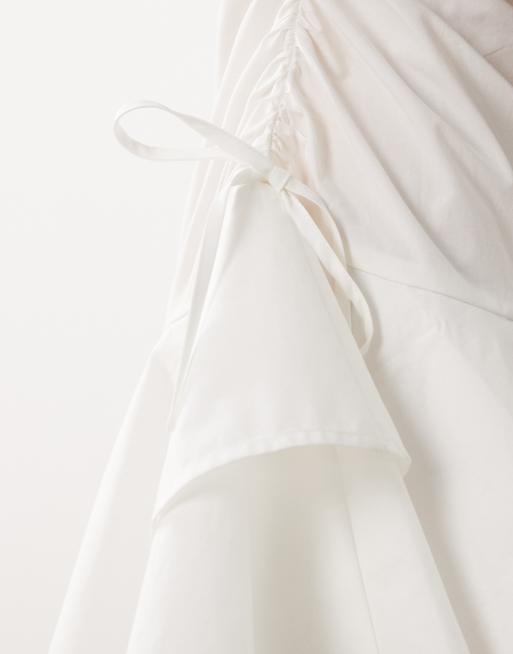 ASOS DESIGN poplin short sleeve mini dress with ruching tie waist detail in white, 3 of 4