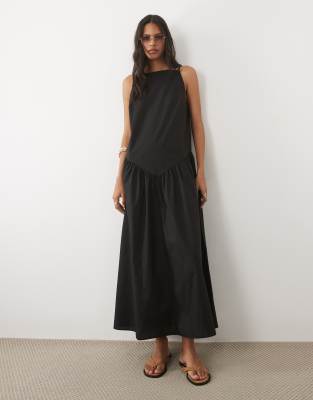 Asos Design Poplin Slash Neck Drop Waist Maxi Dress In Black