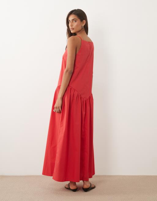 ASOS DESIGN poplin slash neck drop waist maxi dress in red, 4 of 4