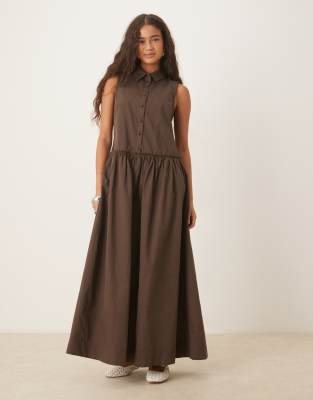 Asos Design Poplin Sleeveless Shirt Maxi Dress With Dropped Waist In Brown