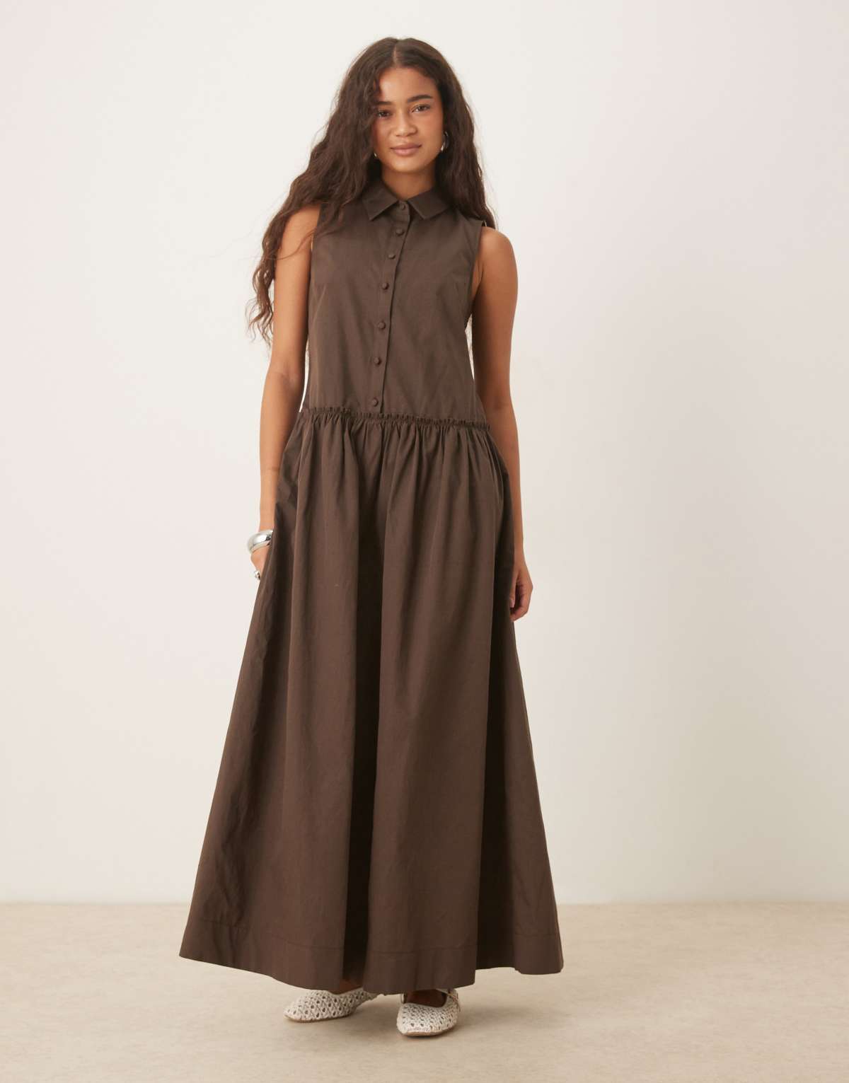 ASOS DESIGN poplin sleeveless shirt maxi dress with dropped waist in bitter chocolate