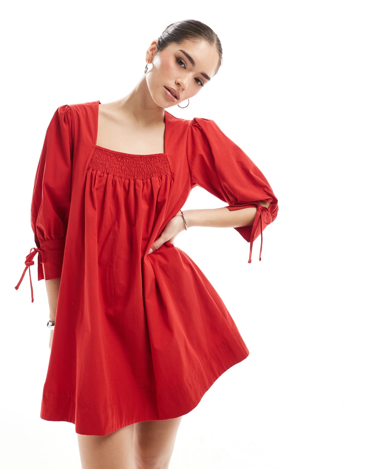 ASOS DESIGN poplin smock babydoll mini dress in red